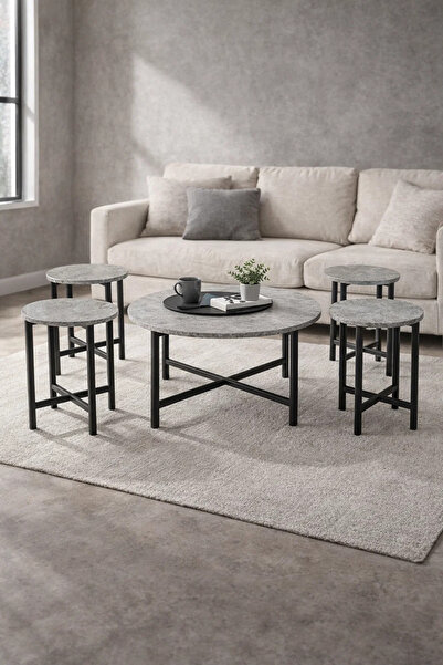 MARIA HOMES Grey Round Coffee Table Set of 5 Metal Legs Modern Nesting Center...