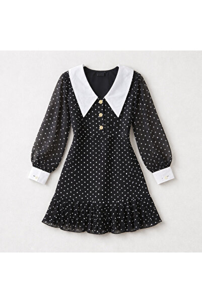Revda Puantiyeli Bebe Yaka Volanlı Mini Elbise - Siyah/Beyaz