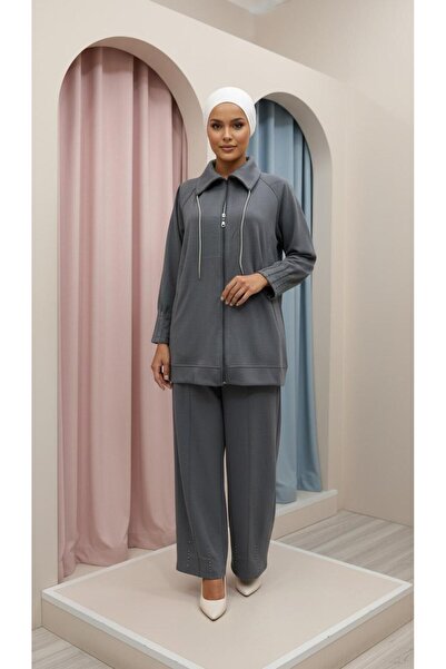 merve ada design Kadın Örme Modal Kumaş Boncuk İşleme Detaylı İkili Takım- Gr...