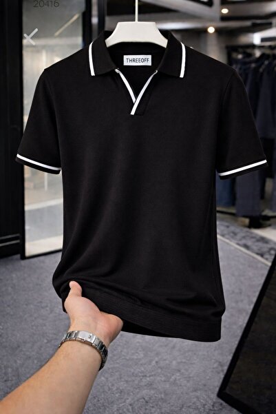threeoff Erkek Polo Yaka Tişört Seti Oversize V Yaka Biyeli Basic Model