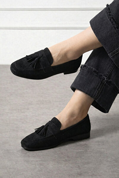 STOCON Savona Black Suede Tassel Detailed Loafers Ballet Flats Casual Shoes S...