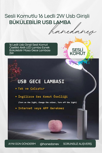 Hanedanev 16 Ledli Usb Girişli Sesli Komut Özellikli Akıllı LED Lamba Esnek B...
