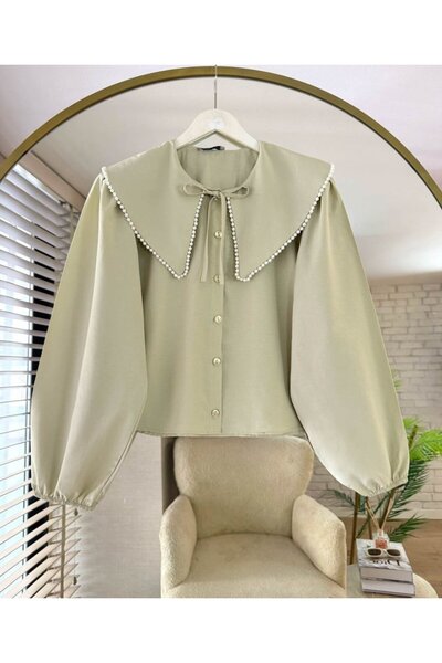 Miraydın Butik Women's Skirt Top Peter Pan collar Green Shirt with Pearls