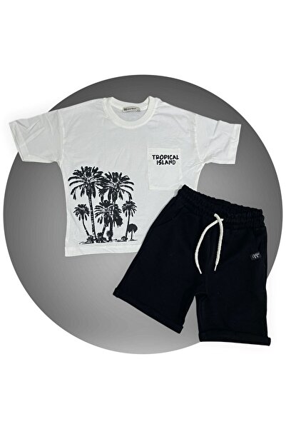 sinmm Boy's Linen Shorts and Top T-Shirt with Tropical Print Detail Top and B...