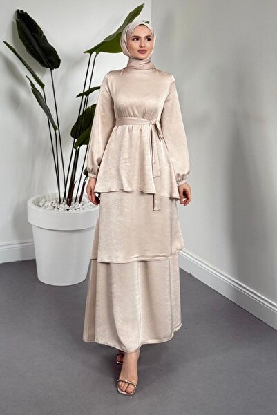 MERVEN AKYÜZ Velora Kat Kat Saten Elbise Krem