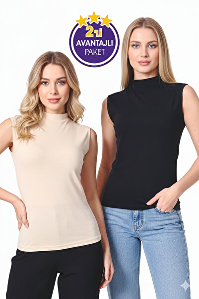 Miamor KADIN SIFIR KOL BALIKÇI YAKA BADİ T-SHIRT 2'Lİ EKONOMİK PAKET