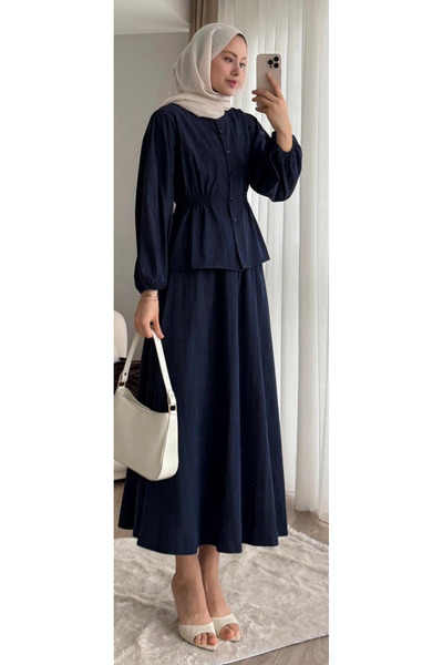 Miraydın Butik طقم تنورة وقميص بخصر مطاطي M25148 - أزرق داكن