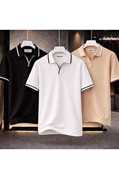 threeoff Men's 3-Piece Polo Collar T-Shirt Set Oversized V-Neck Piped Basic M...