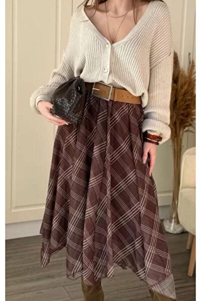 LİFERA Plaid Asymmetrical Chiffon Skirt