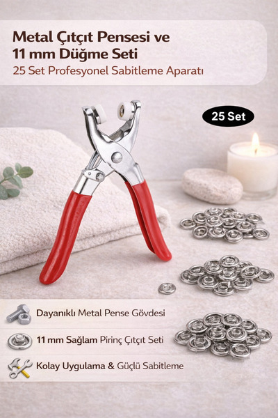 Hane Dostu Metal Çıtçıt Pensesi ve 11 mm Düğme Seti 25 Set Profesyonel Sabitl...