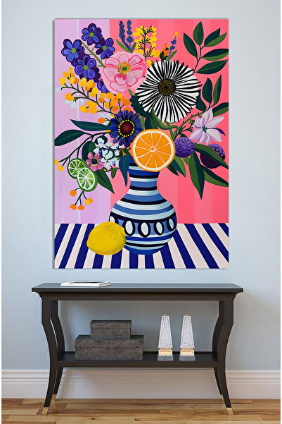 Mushen Studio Buchet de flori colorate și pictură cu fructe - Vază roz neon î...