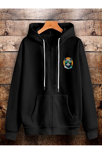 Mella&Co Siyah Hoodie with Zipper and Cat Illustration, Comfortable and Fashi...