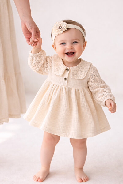 İZYALİF BABY Baby Girl Child Muslin Fabric Lace Collared Knitted Sleeves Cott...