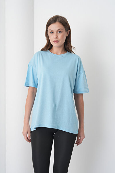 caddekombin Acacia Women's 100% Cotton Blue Basic Round Neck T-Shirt