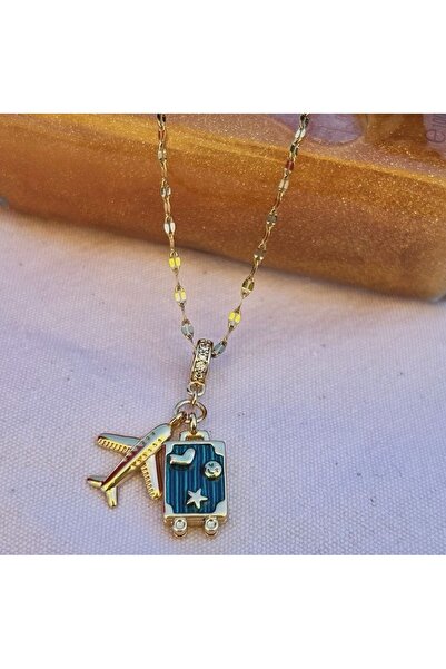 Elvia Atelier Çelik Zincirli Altın Kaplama Uçak Dünya ve Harfli Charm Tasarım...