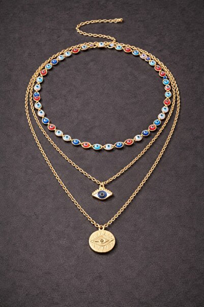 POEM JEWELLERY 18 Ayar Altın Kaplama Nazar Boncuklu Çoklu (3'lü) Kolye Seti P...