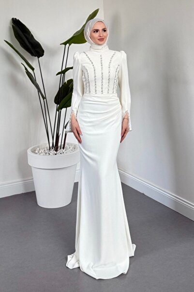 MERVEN AKYÜZ Shabira Taşlı Krep Balık Abiye Beyaz