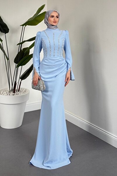 MERVEN AKYÜZ Shabira Taşlı Krep Balık Abiye Bebe Mavisi