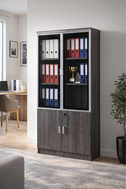 MARIA HOMES Modern Grey Office Storage Cabinet Glass Display Shelves Lockable...