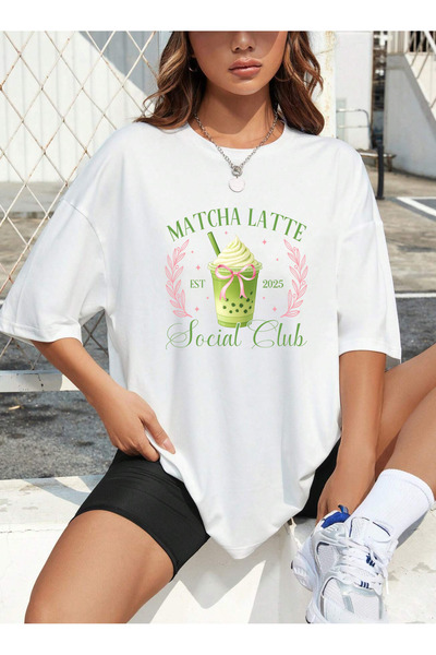 SUNFREE Matcha Mix Printed Crew Neck Oversized Short Sleeve Women's White Tshirt