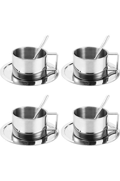 moontime alaçatı Çelik 4'lü 200 ml Çift Cidar Espresso Kahve Fincan Seti