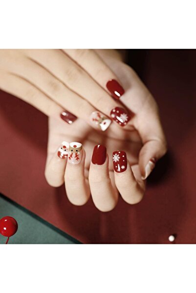 NO BRAND 24Pcs Christmas Press on Nail Short Square Red Fake Nails Glitter El...
