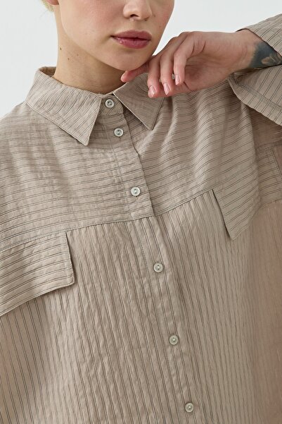 QANU Çizgili Viskon Gömlek Vizon