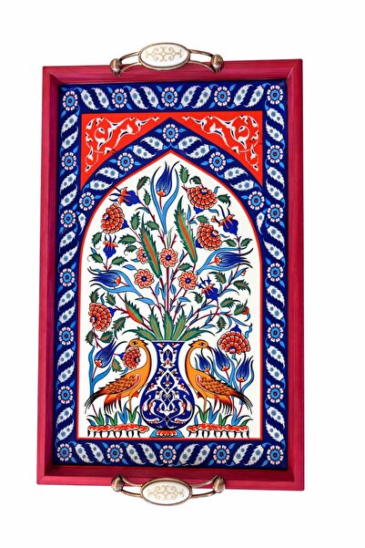 BulutRetail صينية خشبية مزخرفة بنمط فخار كوتاهيا مصنوعة يدويًا 42×27 سم |   ص...