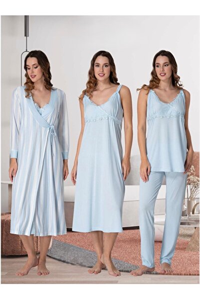 Lohusa Homewear Women's Blue Line Detailed Straps 100% Cotton Maternity Pajam...