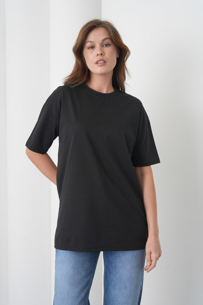 caddekombin Acacia Femei bumbac 100% Negru basic Guler rotund tricou