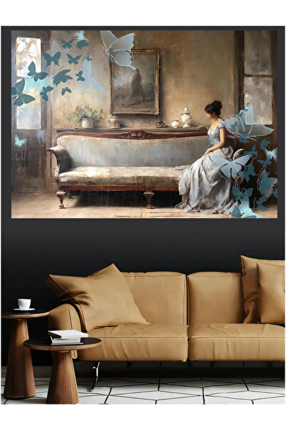 Mushen Studio Femeie cu fluture albastru, tablou vintage pe pânză, decor de p...