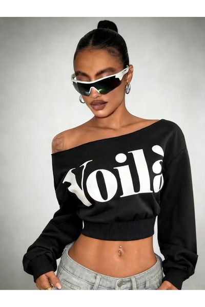 Women's Voila Printed Crop Boat Neck Sweatshirt