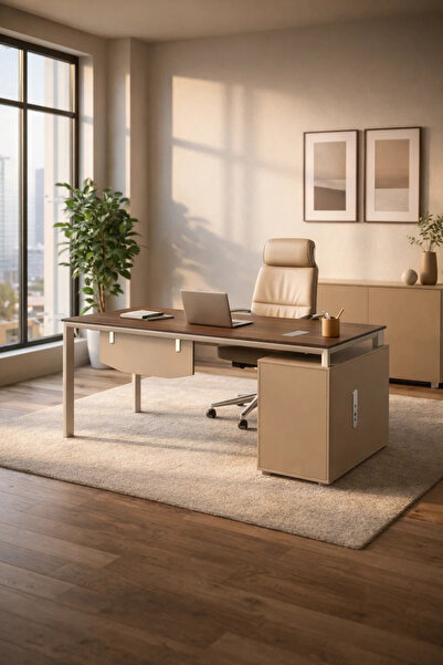 MARIA HOMES مكتب عصري على شكل حرف L بطول 140 سم مع خزانة جانبية وسطح من الخشب...