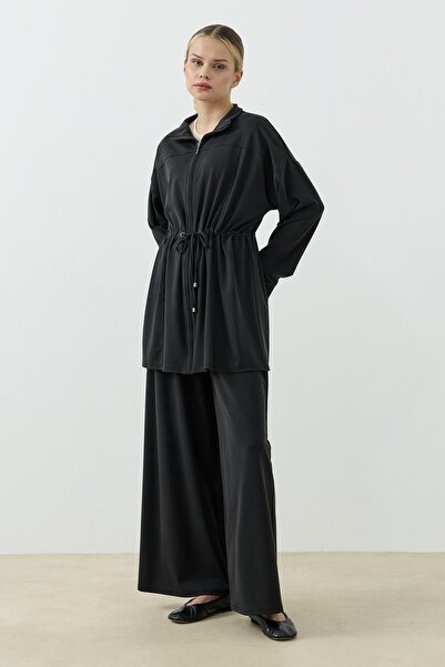 QANU Fermuarlı Modal Sweatshirt Takım Siyah