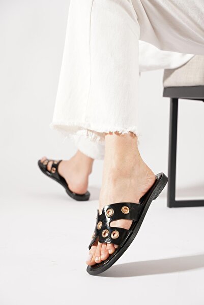 Moda Pie Mikos H Shaped Perforated Troc Women's Slipper Black Crinkled Patent...