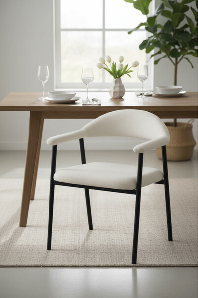 MARIA HOMES Modern Beige Upholstered Dining Chair with Curved Back & Black Me...