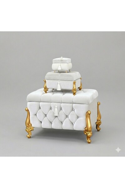 Ceyyiz Kapitoneli 3lü Çeyiz Nişan Gelin Sandığı Ekru