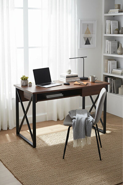 MARIA HOMES Stylish Brown Office Desk with White Metal Legs Modern Study Tabl...