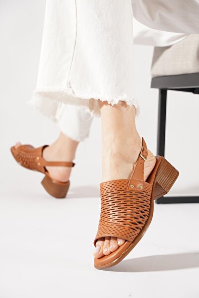 Moda Pie Sanny Laser Back With Scarf Genuine Leather Women's Sandals Tan