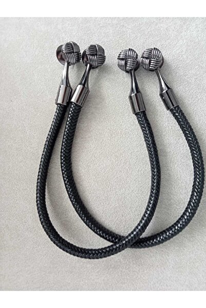 hobi duragı 44 cm Örgülü Deri Görünümlü Siyah Metal Kovanlı Çanta Sapı- Çiftli