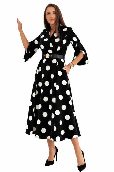 ANATOLIATEKSTILE Elegant Women's Midi Polka Dot Dress, Belt – Office & Event ...