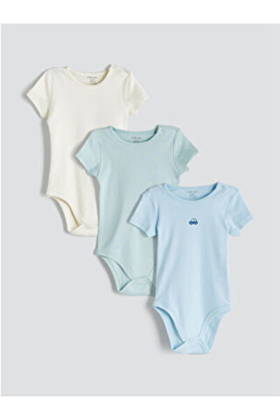 LC Waikiki Blue Crew Neck Baby Boy Snap Fastener Bodysuit 3-Piece Set