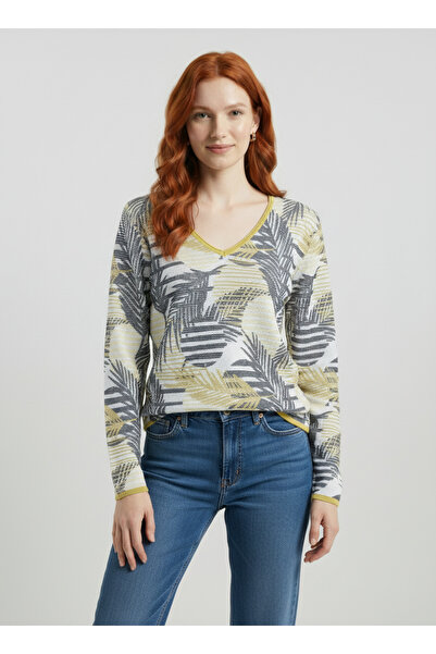 Neden Tekstil White Yellow Black Patterned U-Neck Knitwear Athlete Blouse