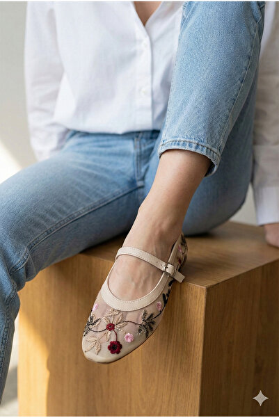 N MODA File Nakış Ve Nakış İşleme Detaylı Yuvarlak Burun Lüks Kadın Babet