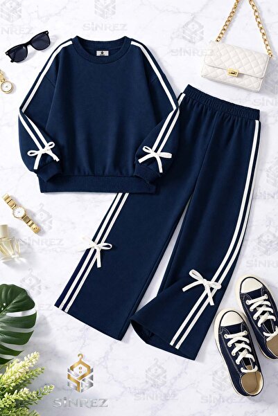 SİNREZ Girls' O-Neck Sweatshirt Suit with Bow Detail