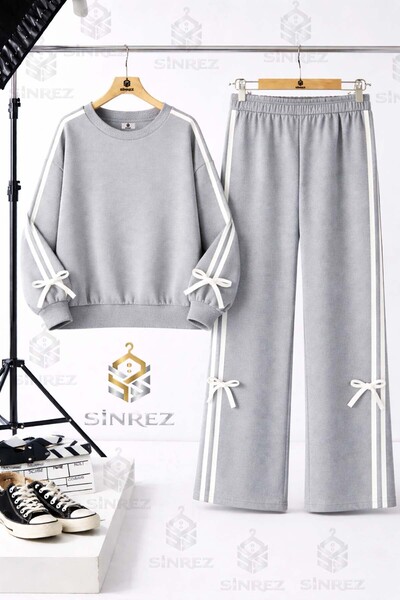 SİNREZ Girls' Zero Collar Bow Detail Trained Sweat Suit