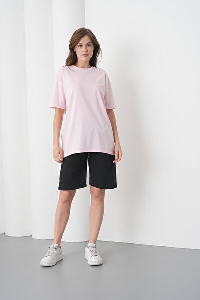 caddekombin Women's Pink Black Cotton Piece Combed Cotton Short Sleeve Pocket...