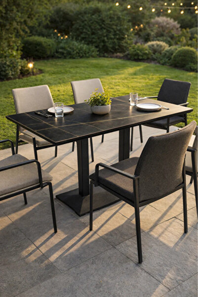 MARIA HOMES طاولة طعام مستطيلة حديثة بسطح ذي مظهر رخامي أسود وقاعدة معدنية سوداء