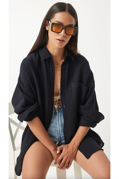 S&A DESIGN Women's Oversized Basic Muslin Fabric Pocket Shirt