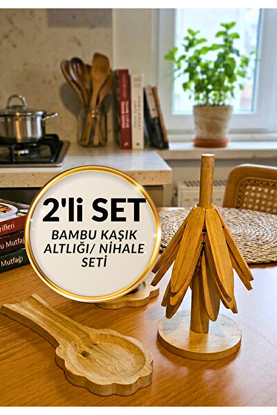 BRE HOME 2'li Bambu Set - Katlanabilir Ağaç Formlu Nihale ve Estetik Kaşık Al...
